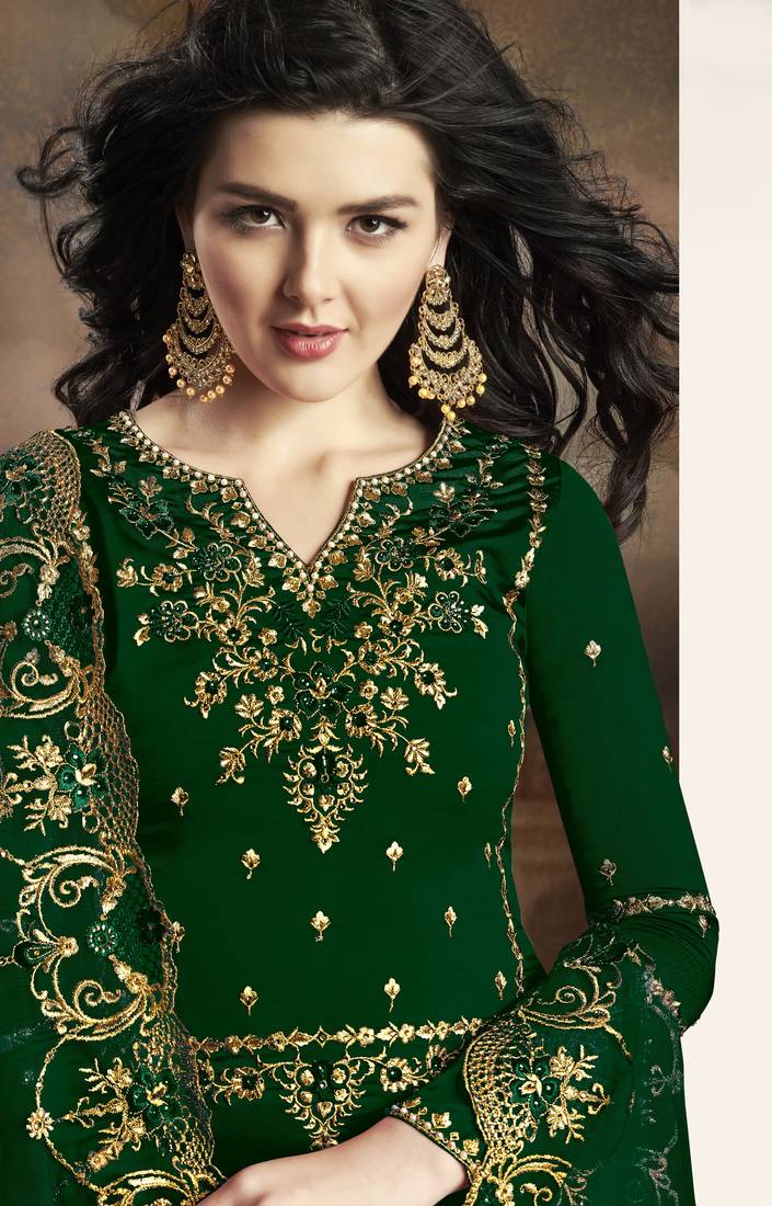 Green rangoli pakistani embroidered work palazzo salwar suit dupatta