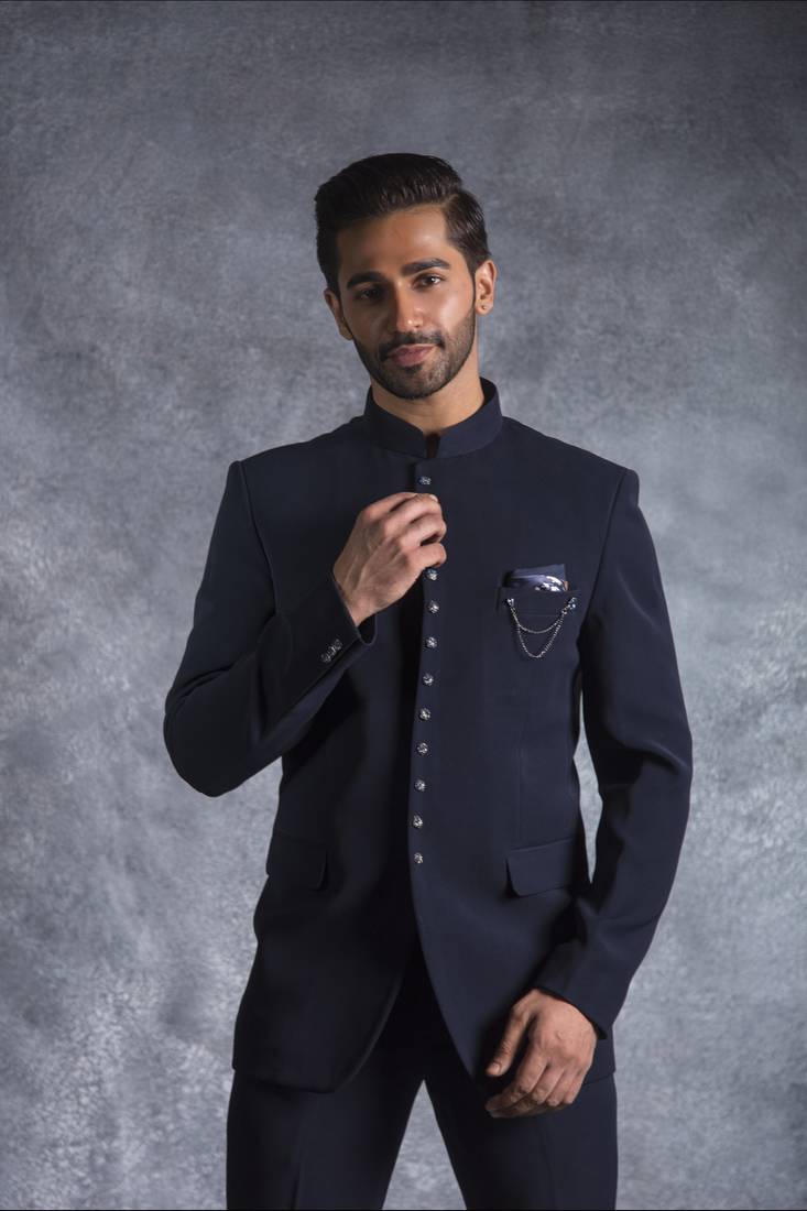 Navy bandhgala suit on italian fabric Denis Parkar 4341655