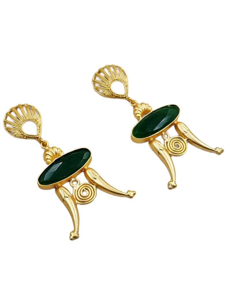 Goldplated green stonestudded & beaded dangle brass earrings for