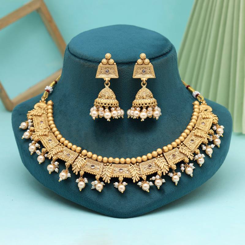 Gold color matte gold rajwadi temple necklace set Jaipur Mart 4483079