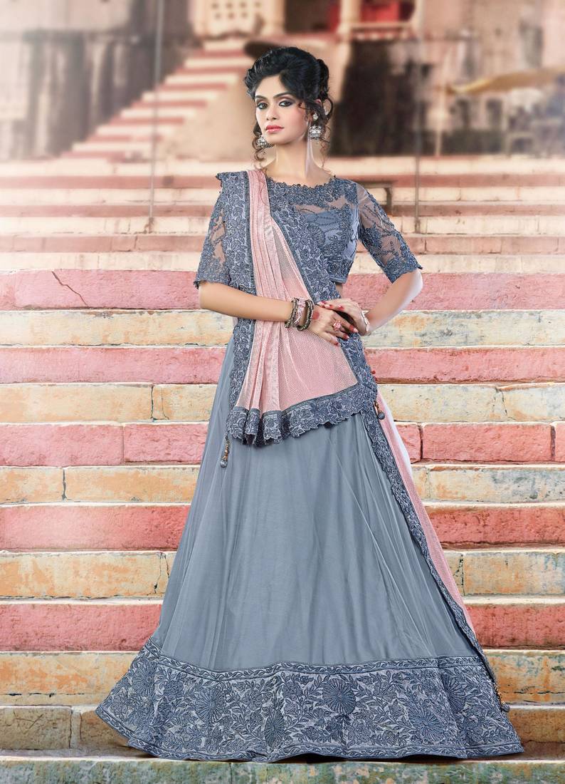 Grey Embroidered Net Unstitched Lehenga Mahotsav E Solution 1509178
