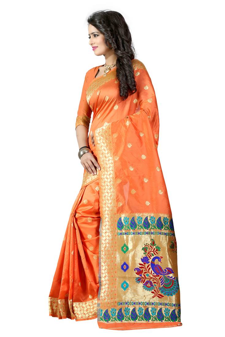 Orange woven paithani art silk saree with blouse Shree Sanskruti