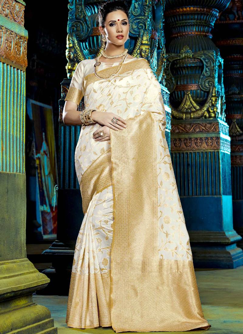 Off white woven kanchipuram art silk saree with blouse Vasu Sarees