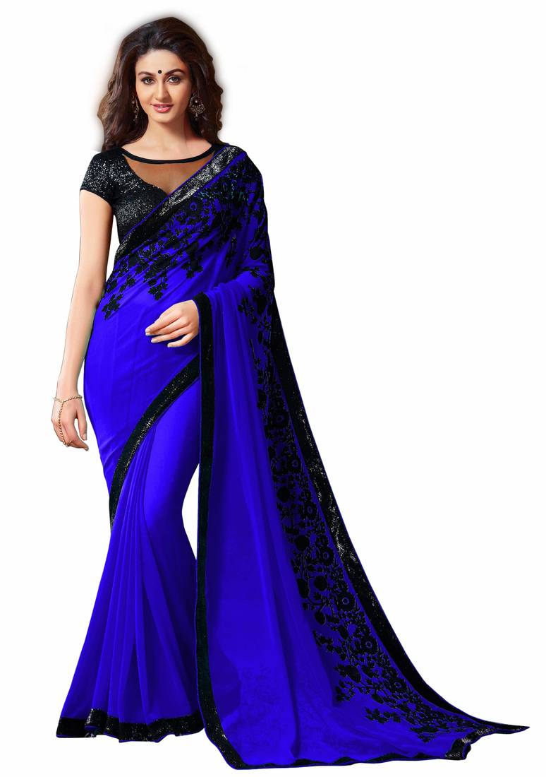 Royal blue embroidered saree with blouse ROY FASHION HUB