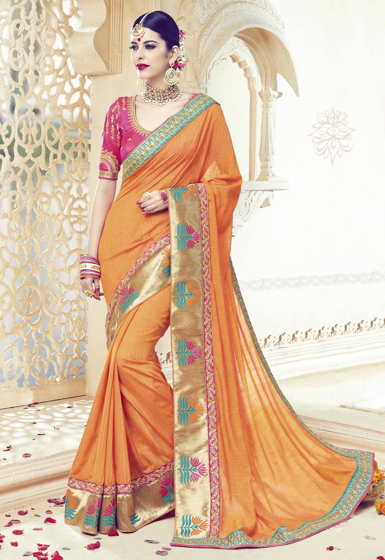 Saffron embroidered silk saree with blouse Hirpara House 2202178