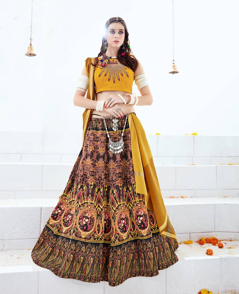 Mustard printed satin semi stitched lehenga Mazedar Shop 2289865