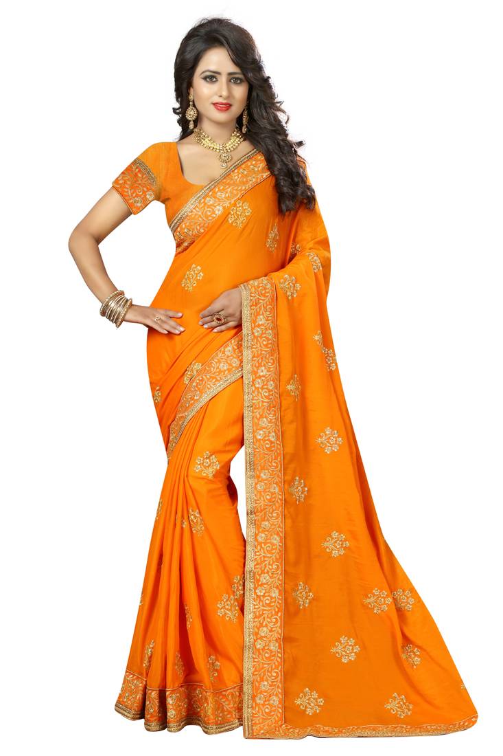 Saffron embroidered silk blend saree with blouse Ankit Fashions 2330642