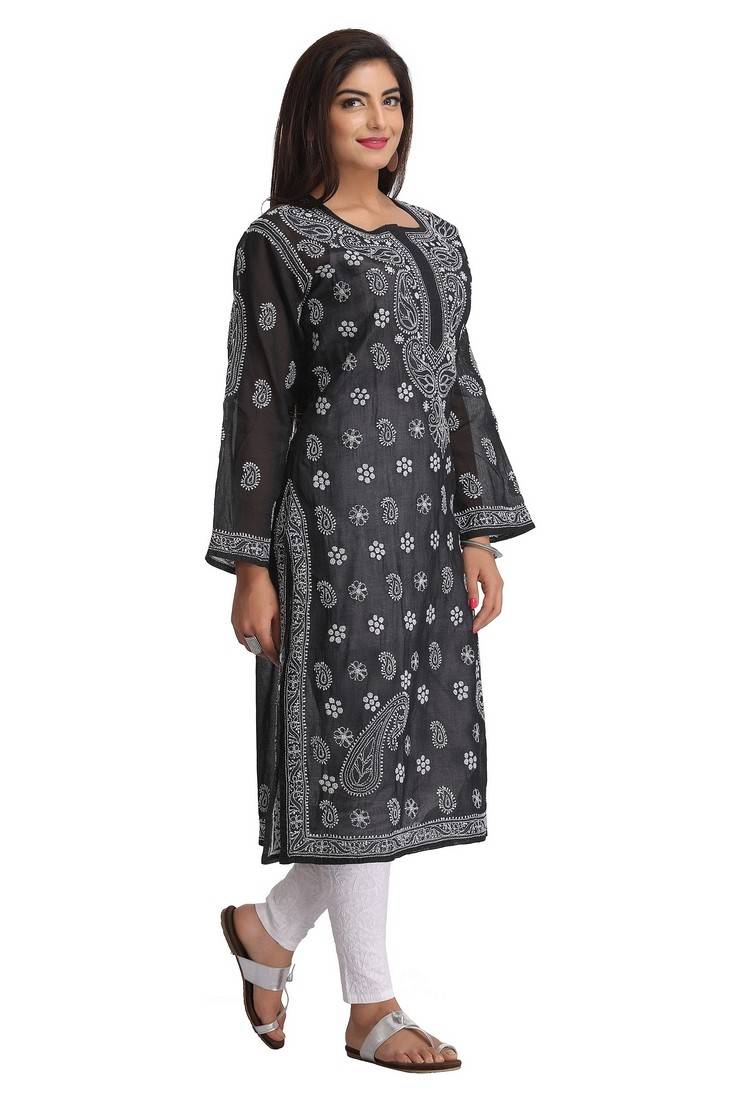 Black Embroidered Cotton Chikankari Kurti Ada 2388318