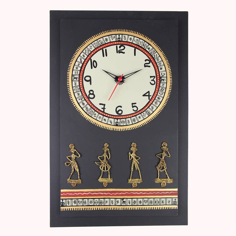 Antique Handpainted Warli and Dhokra Wooden Work Black Wall Clock with Dhokra Craft 16 Inch Tall