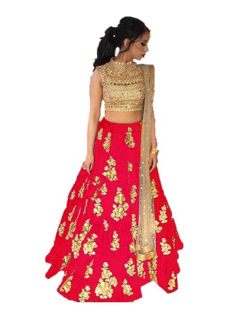 Red embroidered silk semi stitched lehenga Fashionlife 2576819