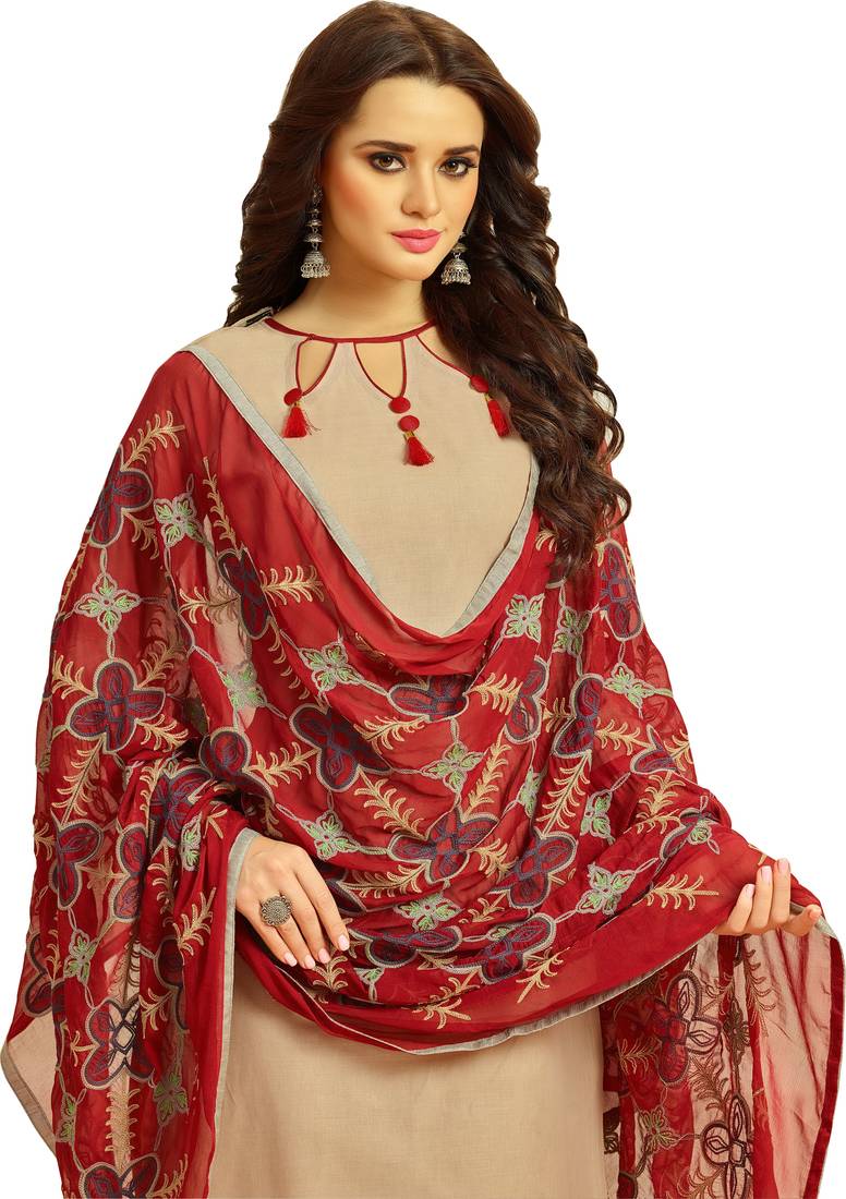 Beige & Maroon Cotton Women's Dress Material With Phulkari Dupatta Mf