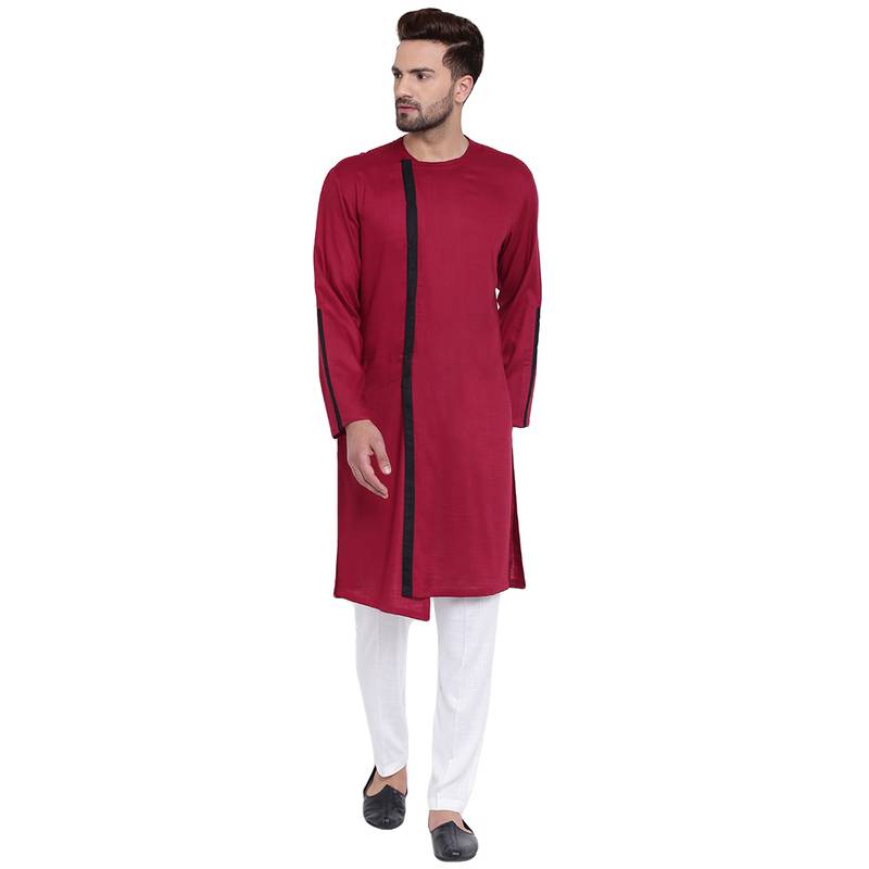 Dynamic Collarless Asymmertric Maroon Kurta With White Pyjamas I Know
