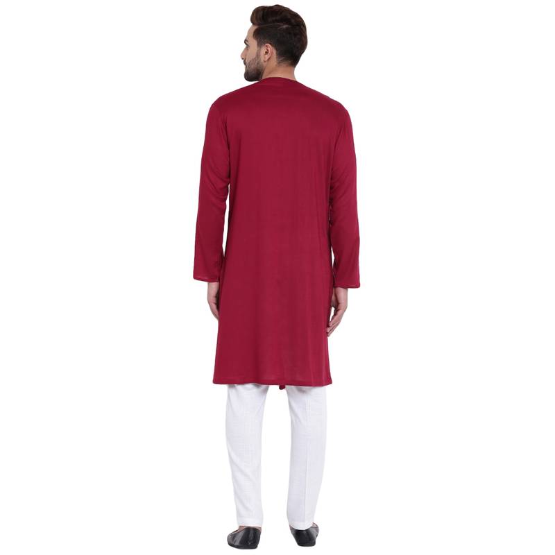 Dynamic Collarless Asymmertric Maroon Kurta With White Pyjamas I Know