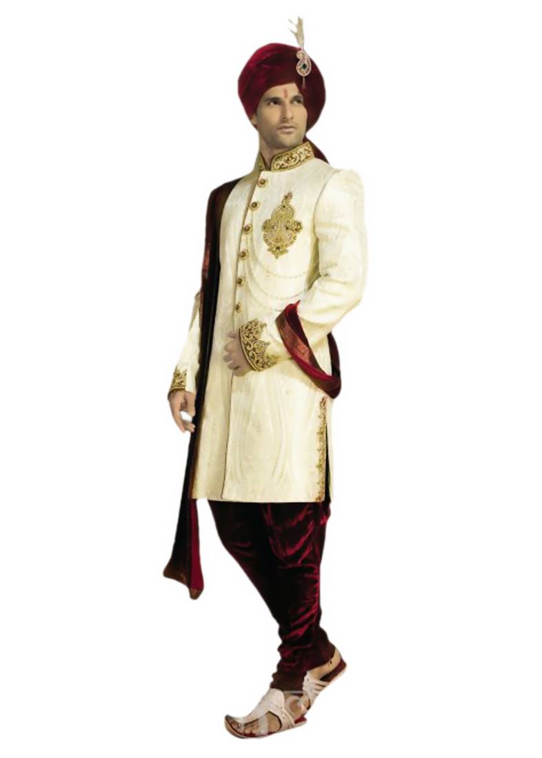 Cream Silk Brocade Embroidered Indowestern Suit Alza 360849