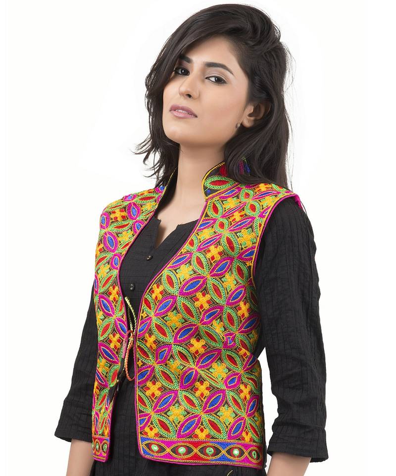 Black Kutchi Embroidered Dupion Silk Waist Length Jacket Women Ethnic