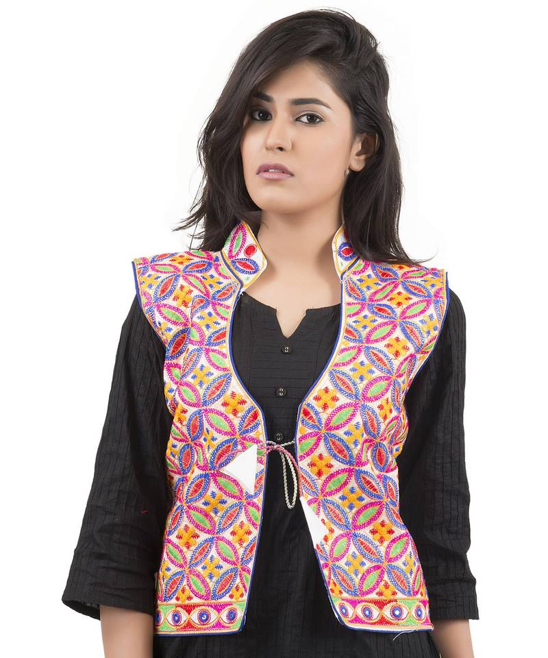 White Kutchi Embroidered Dupion Silk Waist Length Jacket Women Ethnic