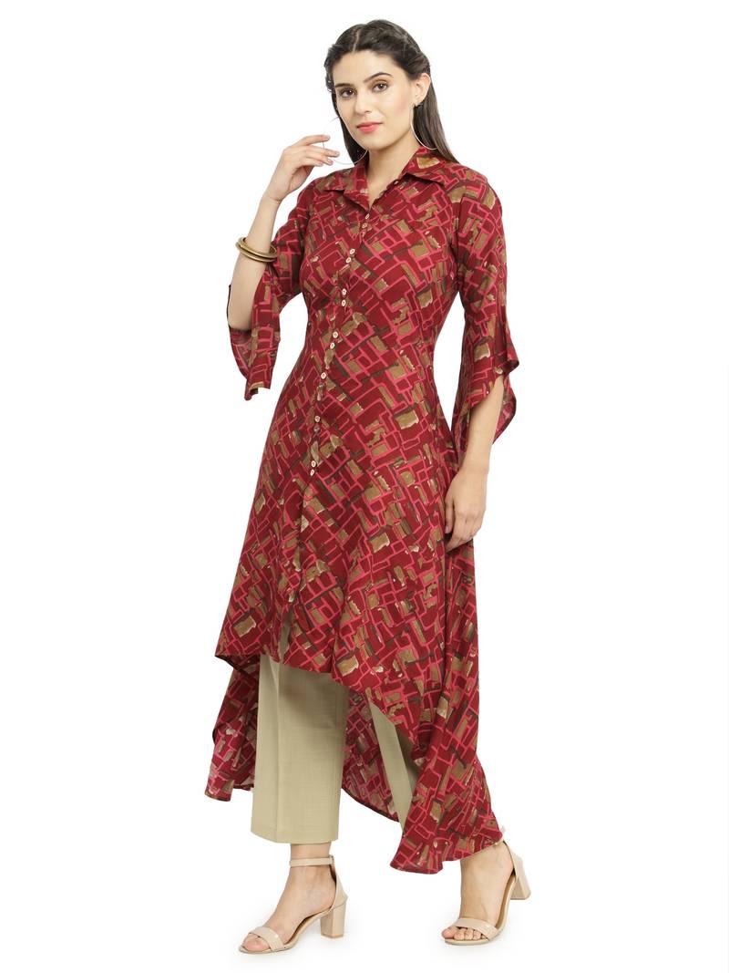 Indibelle Maroon woven cotton kurti with trouser indibelle 2734205