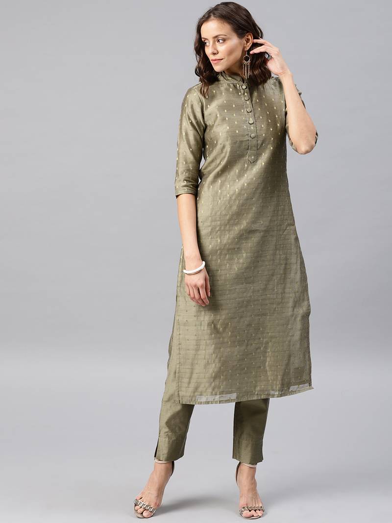 Grey Embroidered Chanderi Stitched Kurti With Trouser DESI WEAVESS