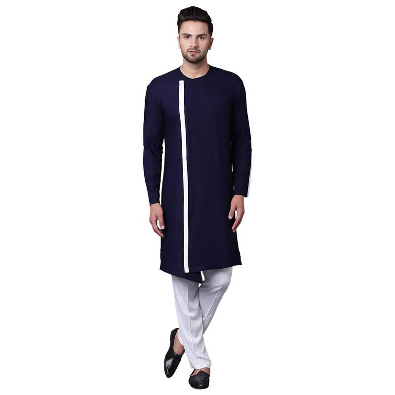 Dynamic Collarless Asymmertric Navy Blue Men'S Kurta Only I Know