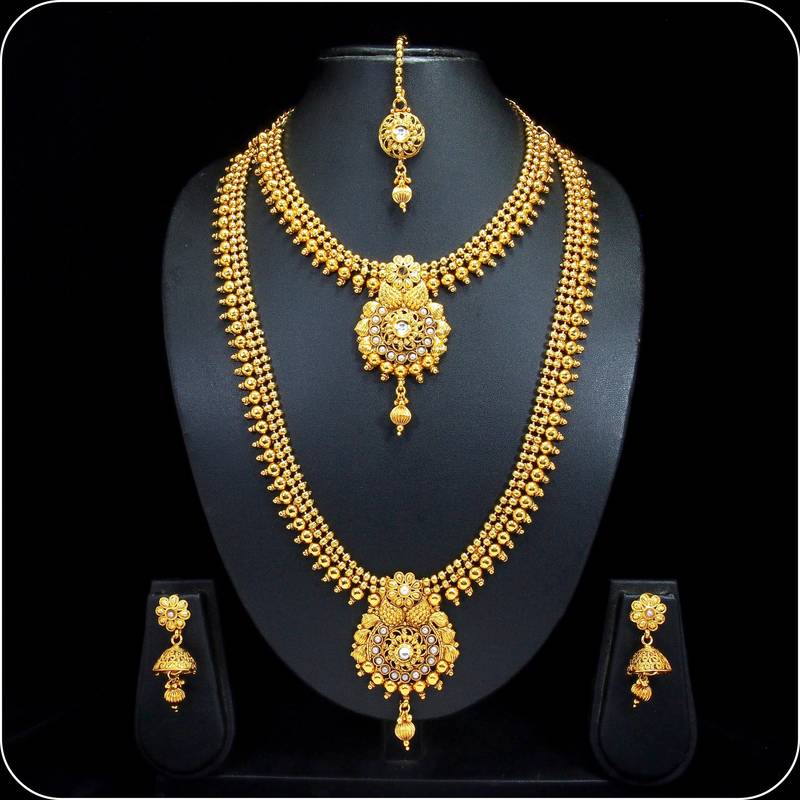 Royal Copper White Premium Gold Plated Short Long Combo Necklace Set GERUAA 2762566