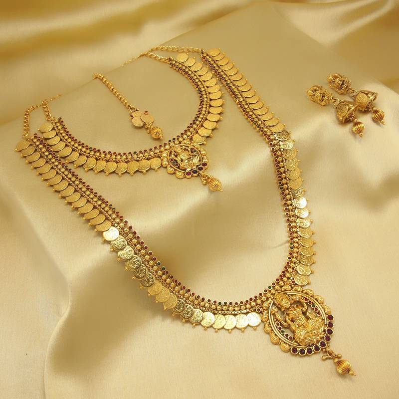 Traditional Copper Kempu Green Temple Jewelry Laxmi Coins Combo Necklace Set GERUAA 2762583