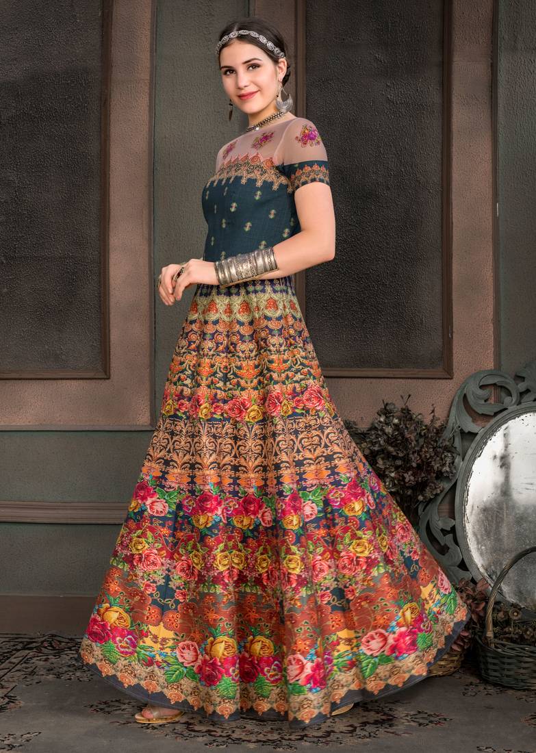 Blue Digital Print Silk Semi Stitched Lehenga With Dupatta Real Saree 2766249