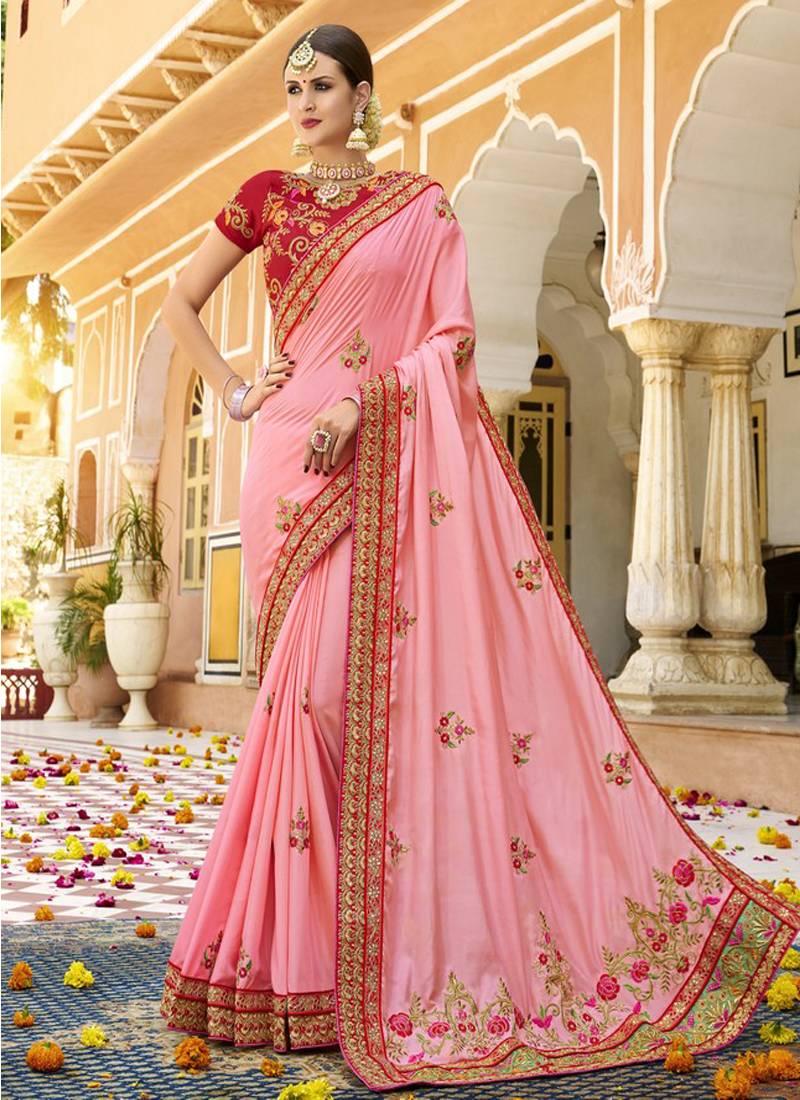 Light pink embroidered silk blend saree with blouse Monjolika 2774160