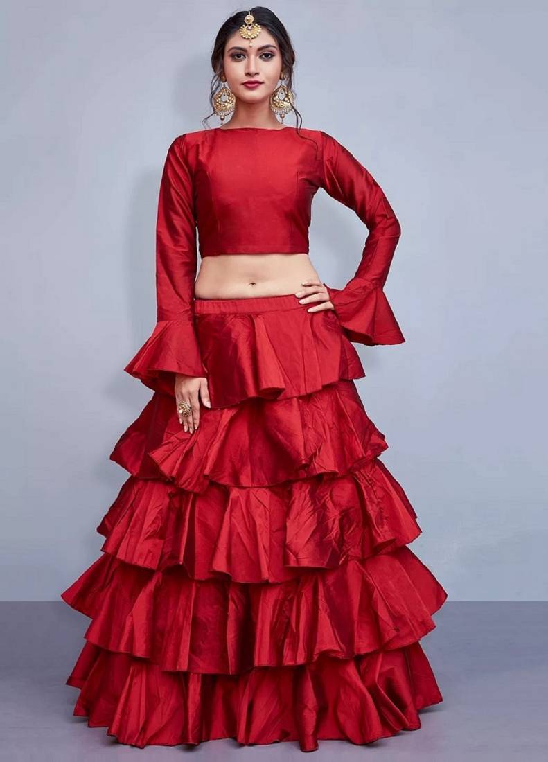 Red plain silk semi stitched lehenga Yana Fab 2793205