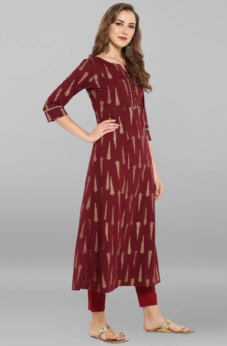 Maroon printed cotton kurti Janasya 2794743