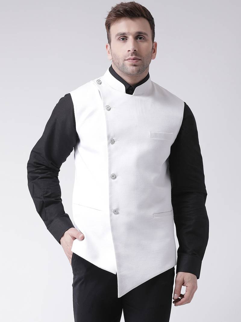 White plain cotton poly nehru jacket Hangup 2850991