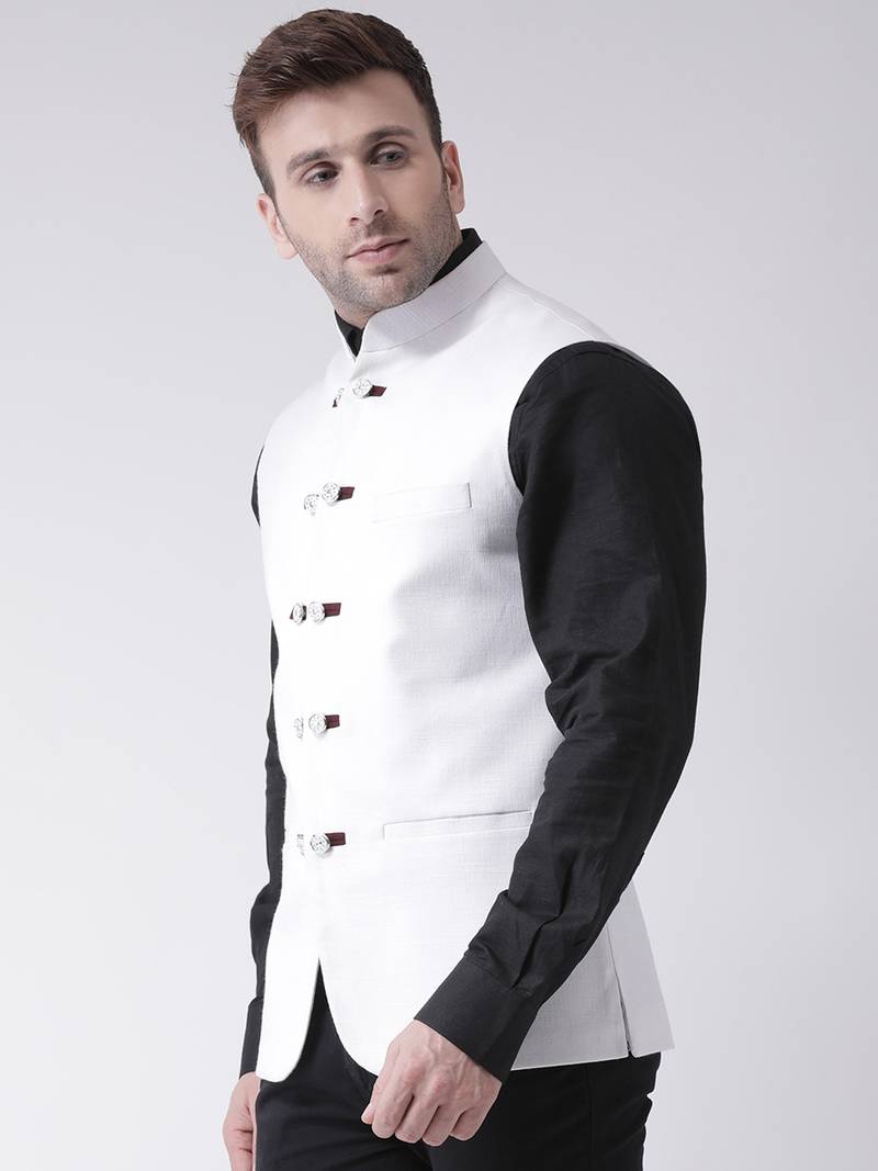 White plain cotton poly nehru jacket Hangup 2850994