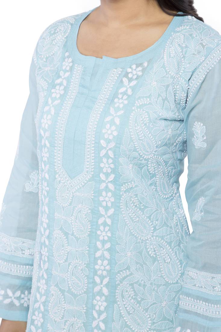 Blue Embroidered Cotton Chikankari Kurti Ada 2857199