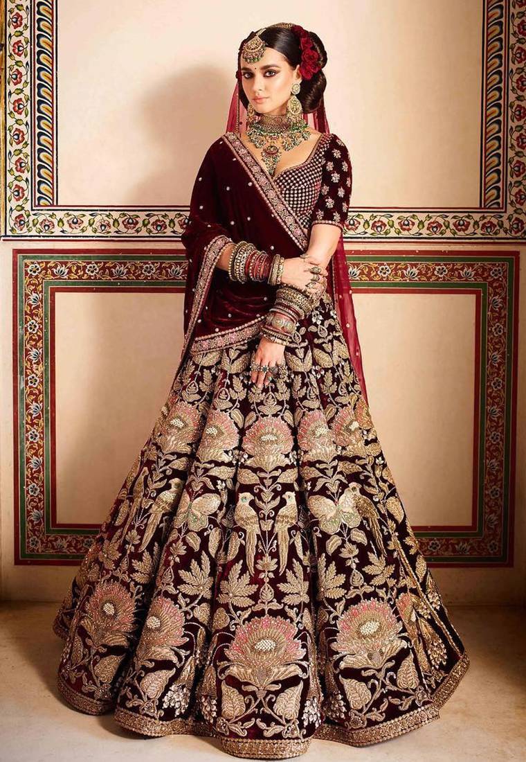 Maroon embroidered velvet semi stitched lehenga with dupatta The Fashion Couture 2862058