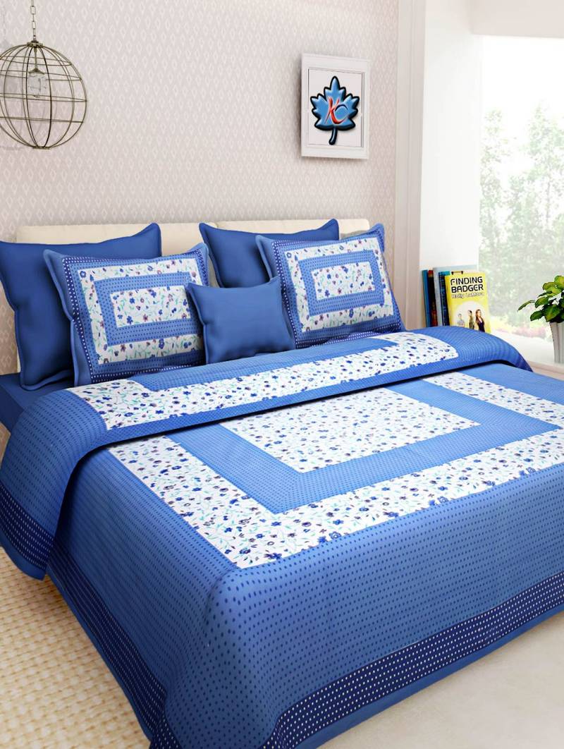 Dreamy Zone Blue Cotton Double Bedsheet with Pillow Cover Dreamy Zone