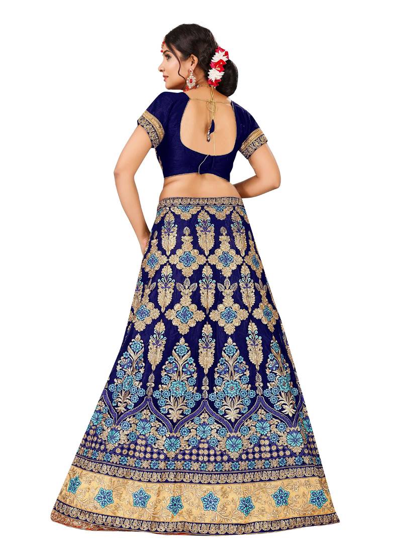 Blue Embroidered Net Semi Stitched Lehenga With Dupatta MANVAA 2885560