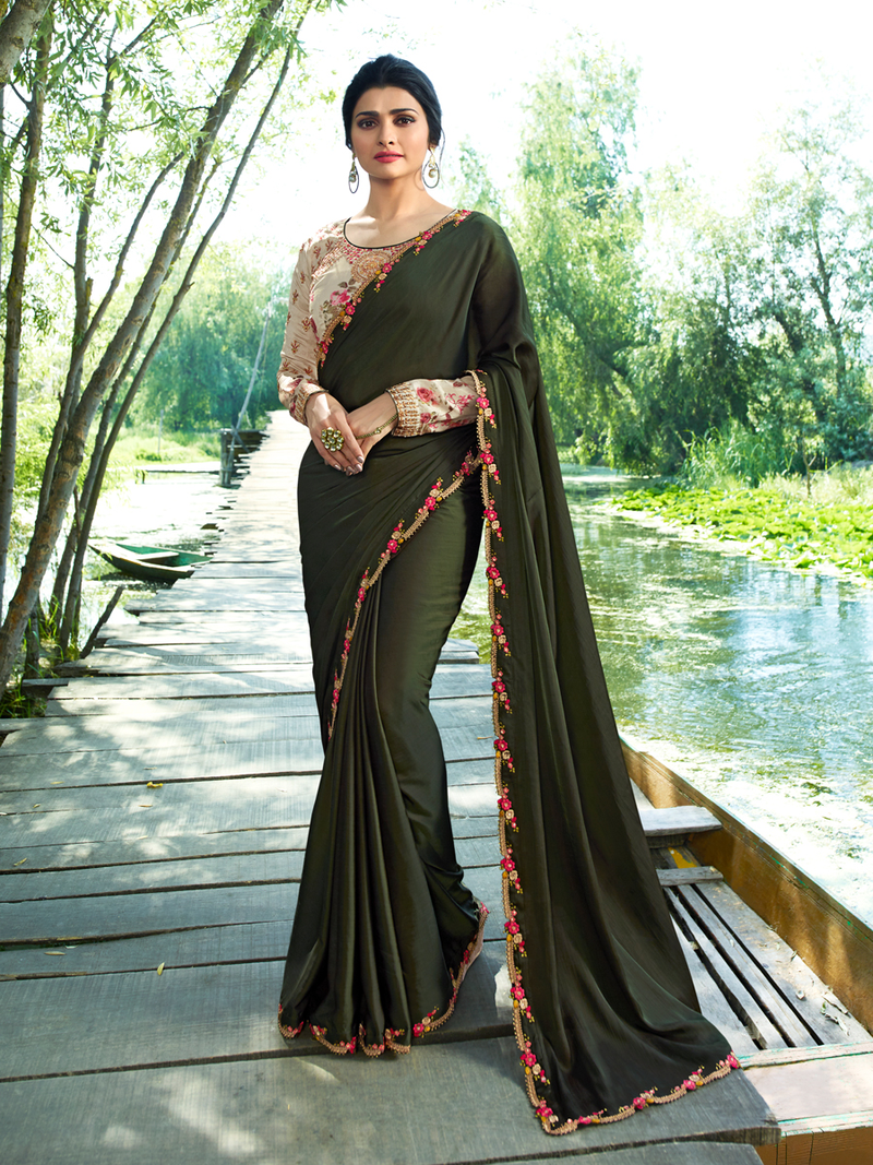 Green Embroidered Brocade Art Silk Saree With Blouse RAGHAV TRENDZ