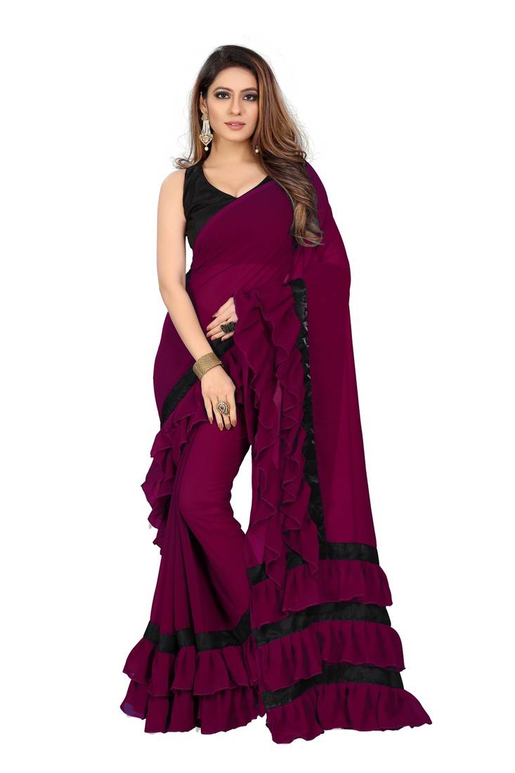 Dark Wine Plain Saree With Blouse HITANSH FASHION 2896678