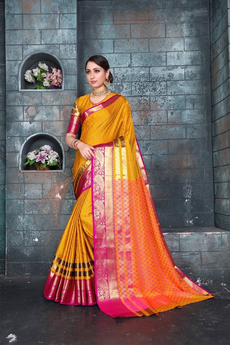 Yellow woven art silk saree with blouse Shree Sanskruti 2911170