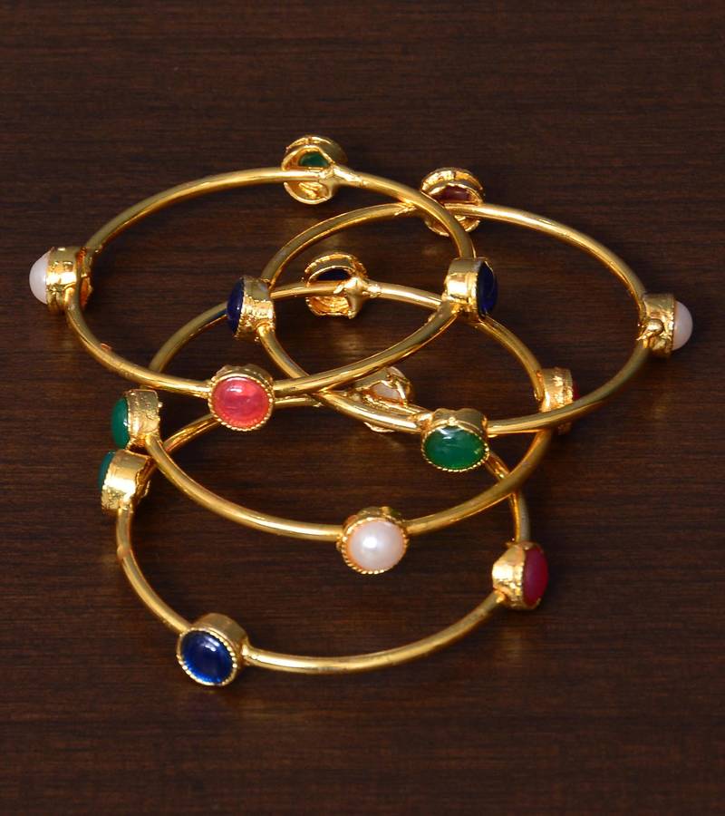 Multicolored Stone Embellished Two Pairs of Bangles for Women PINK