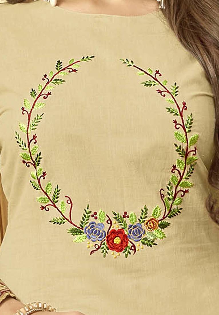 Beige resham embroidery cotton unstitched salwar with dupatta Shonaya