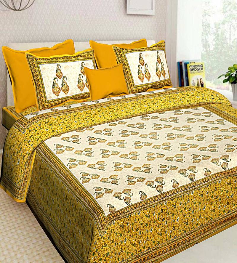 Printed Yellow Cotton King Size Double Bed Sheet with 2 Pillow Cover Dreamy Zone 2931956