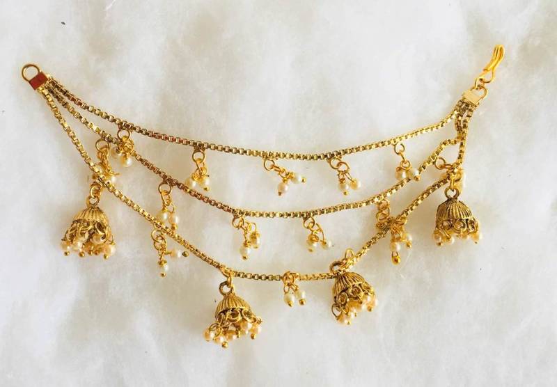 Gold Plated Multi Chain Hanging Chains Jhumka Earrings With Hair Chain