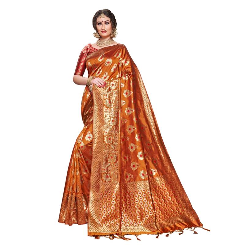 Orange woven jacquard saree with blouse SHAKUNT WEAVES 2949338
