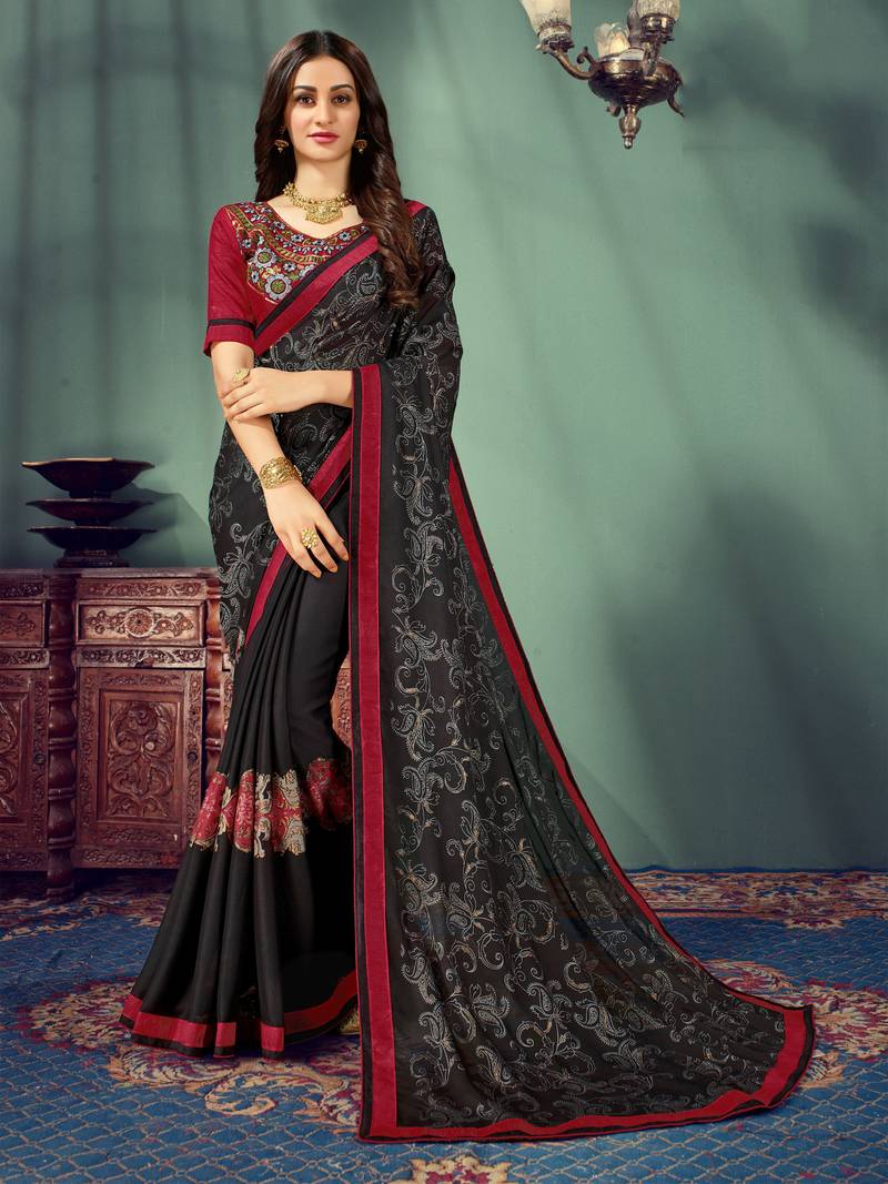 Black Embroidered Chiffon Saree With Blouse Lilots 2952213