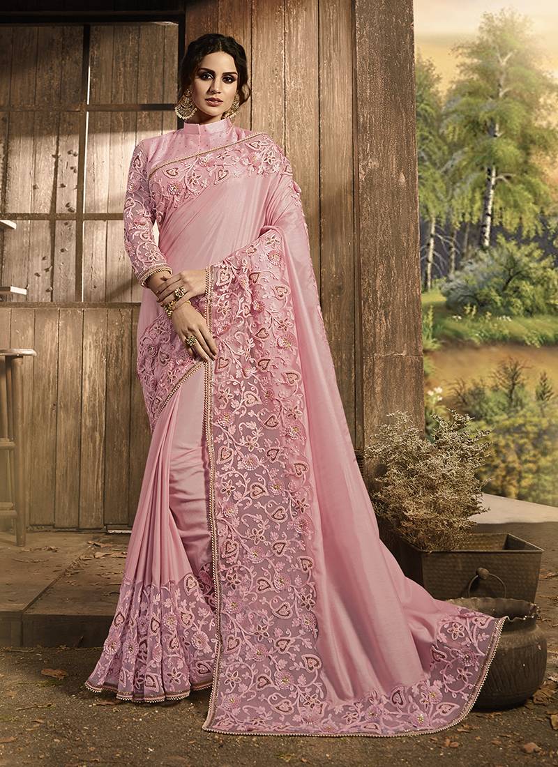 Baby pink embroidered silk saree with blouse Monjolika 2968627