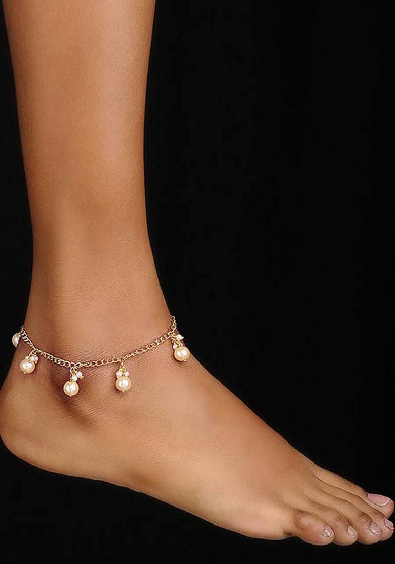 White Gold Tone Pearl Anklets Glitterati by Alankriti 2976592