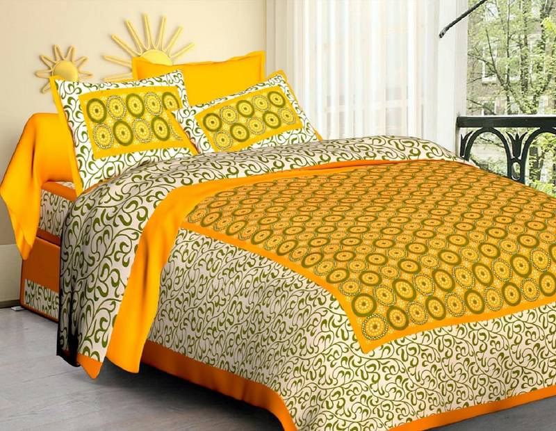 Yellow Cotton Jaipuri King Size Double Bedsheet with Pillow Cover