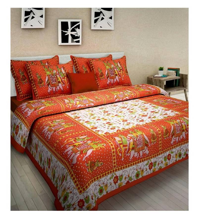 Orange Cotton King Size Double Bedsheet with Pillow Cover KRishai