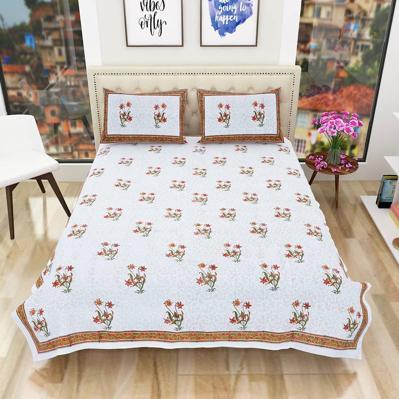 Jaipuri Premium Quality Hand Printed King Size Bedsheet with 2 Pillow