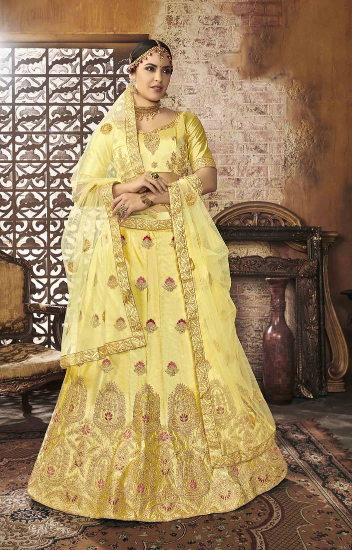 Yellow Embroidered Silk Semi Stitched Lehenga V SALES 3017210